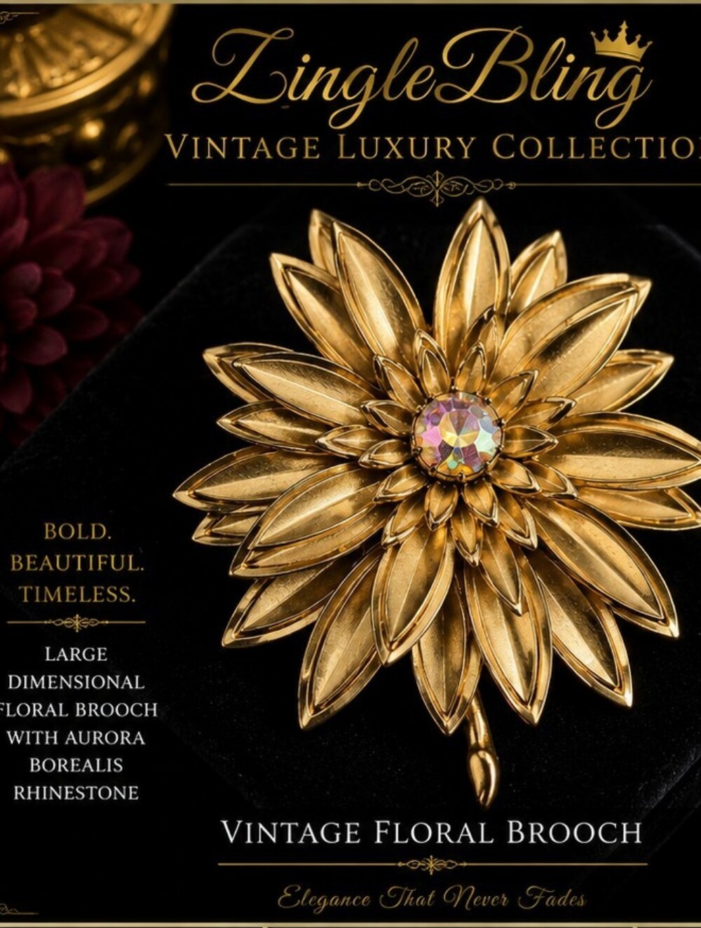 Vintage Gold Tone Dimensional Flower Brooch AB Rhinestone Statement Pin